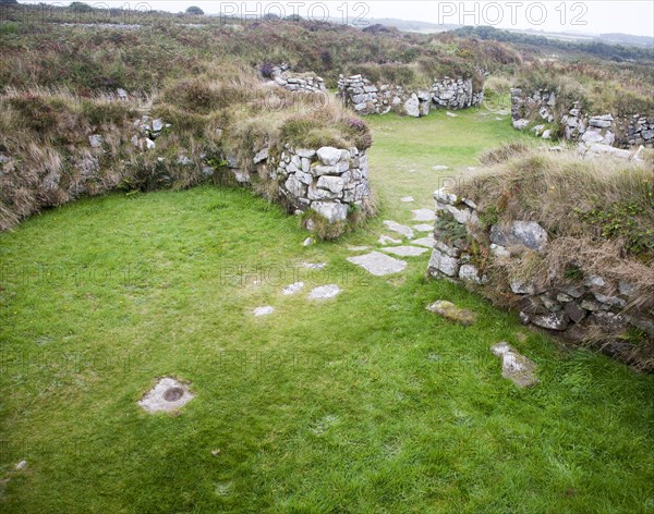 Chysauster Ancient Village is a late Iron Age and Romano-British village of courtyard houses in Cornwall, England, United Kingdom, Europe