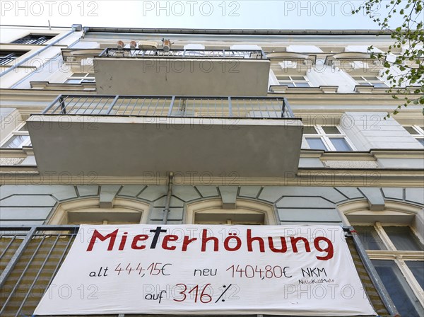 Tenant protest at a block of flats in Berlin's Friedrichshain district. The rent is to be increased from EUR 444.15 to EUR 1404.80, rent increase of 316%, 15 September 2019