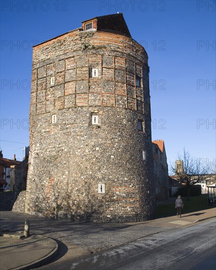 Ancient medieval town walls and tower, Great Yarmouth, Norfolk, England, United Kingdom, Europe