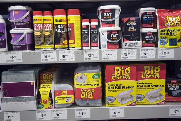 Rat killer poison products on shop shelf