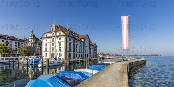 Historic granary and boats in the harbour of Rorschach, Lake Constance, Canton of St. Gallen, Switzerland, Europe