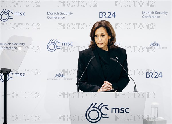 Kamala Harris, US Vice President, recorded during a speech at the Munich Security Conference (MSC) in Berlin, 16 February 2024