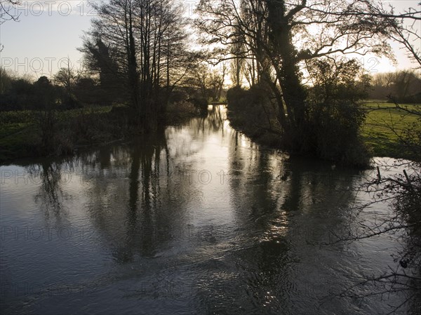 Winter landscape trees and water with low sun in sky River Deben, Ufford, Suffolk, England, United Kingdom, Europe