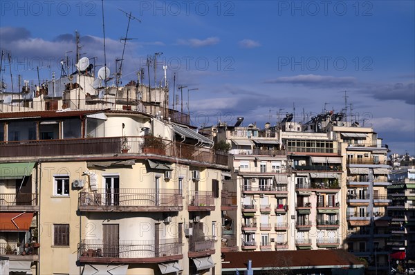 Residential buildings, roof antennas, Leonida Iasonidou street, morning light, Thessaloniki, Macedonia, Greece, Europe