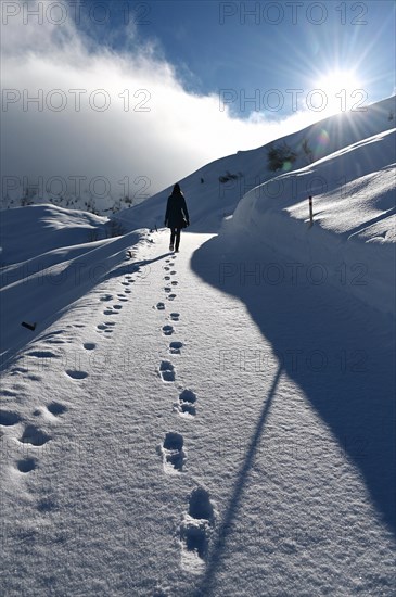 Hiking in a winter landscape in the Beverin nature park Park, Graubuenden, Switzerland, Europe