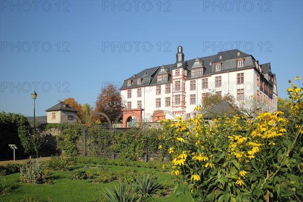 Residential palace with palace garden, flowers, palace, baroque, Idstein, Taunus, Hesse, Germany, Europe