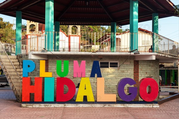 Colourful lettering of the municipality of Pluma Hidalgo, Pochutla, state of Oxaca, Sierra Madre del Sur, Mexico, Central America