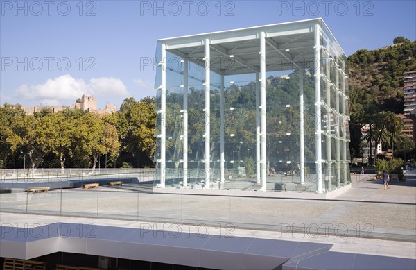 Glass box structure in Muelle Uno port development providing stairs to underground car park Malaga, Spain, Europe