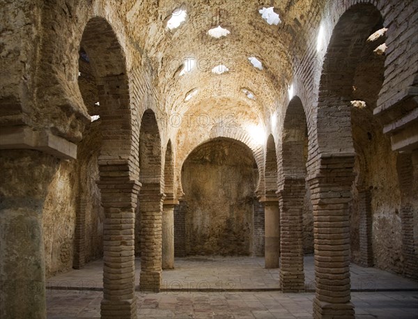 Star shaped skylights in vaulted roof of Arab Baths, Banos Arabes, Ronda, Spain, Europe