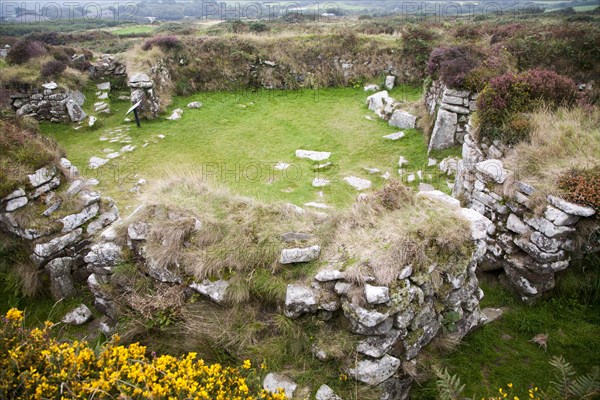 Chysauster Ancient Village is a late Iron Age and Romano-British village of courtyard houses in Cornwall, England, United Kingdom, Europe