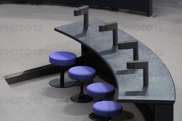 Empty stenographer's stools in the plenary of the German Bundestag, Berlin, 19 February 2024. the spoken word prevails