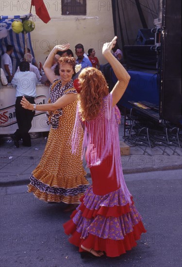 Flamenco dancers at street party in Velez-Malaga, Andalusia, Spain, Southern Europe. Scanned thumbnail slide, Europe