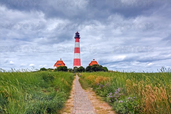 Lighthouse Westerhever, Leuchtturm Westerheversand in summer, Wadden Sea National Park, North Frisia, Nordfriesland, Schleswig-Holstein, Germany, Europe