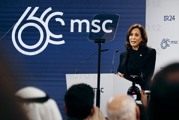 Kamala Harris, US Vice President, recorded during a speech at the Munich Security Conference (MSC) in Berlin, 16 February 2024