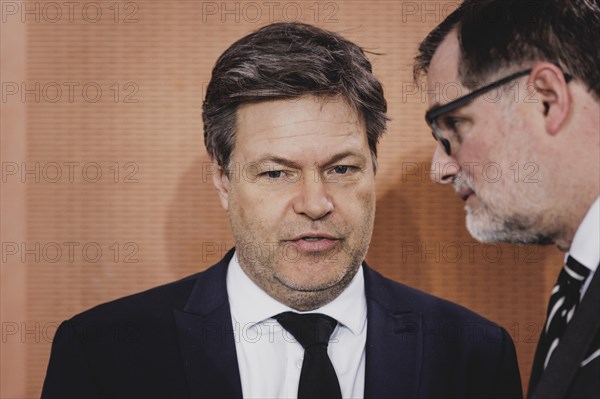 (L-R) Robert Habeck (Alliance 90/The Greens), Federal Minister for Economic Affairs and Climate Protection and Vice-Chancellor, and Wolfgang Schmidt (SPD), Head of the Federal Chancellery, recorded during the weekly cabinet meeting in Berlin, 21 February 2024