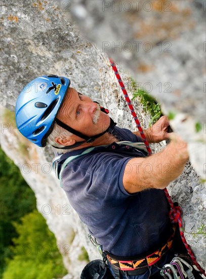 Guenther Strobel, climbing in Danube valley near Sigmaringen, Baden-Wuerttemberg, Germany, vintage, retro, Europe