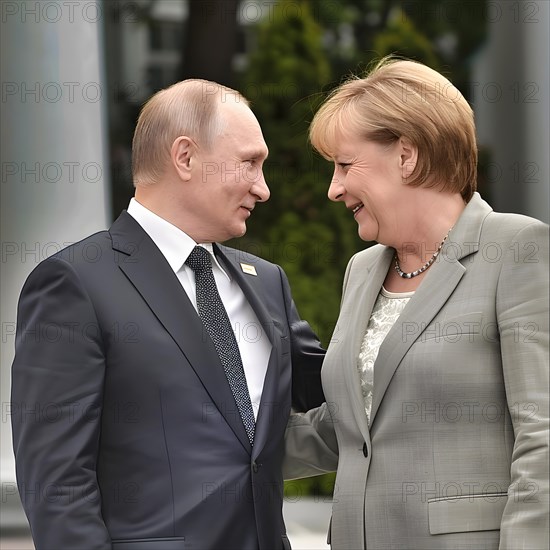 President of the Russian Federation Vladimir Vladimirovich Putin and German Chancellor Angela Merkel embrace, AI generated, AI generated