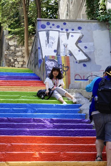 Tourists, painted staircase in rainbow colours, Istanbul, European part, Istanbul province, Turkey, Asia