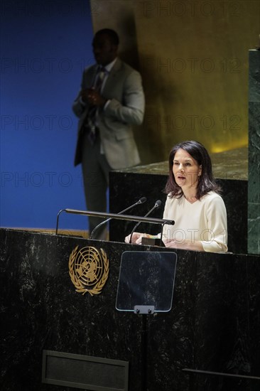 Plenary session of the United Nations General Assembly on 'AeRThe situation in the temporarily 'AeRoccupied territories of Ukraine in New York, 24 February 2024. Annalena Baerbock (Alliance 90/The Greens), Federal Foreign Minister, travels to New York to mark the anniversary of the attack on Ukraine. Photographed on behalf of the Federal Foreign Office