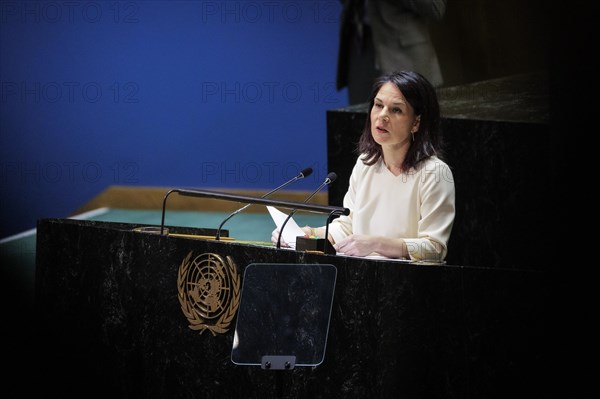 Plenary session of the United Nations General Assembly on 'AeRThe situation in the temporarily 'AeRoccupied territories of Ukraine in New York, 24 February 2024. Annalena Baerbock (Alliance 90/The Greens), Federal Foreign Minister, travels to New York to mark the anniversary of the attack on Ukraine. Photographed on behalf of the Federal Foreign Office