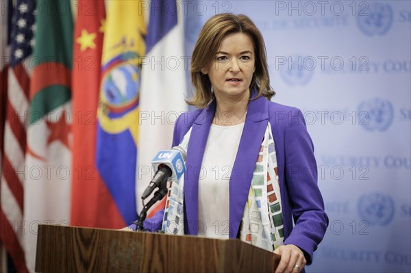 Tanja Fajon, Foreign Minister of Slovenia, photographed during a press statement in New York, 24.02.2024. Photographed on behalf of the Federal Foreign Office