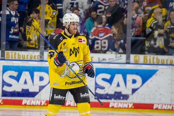 Korbinian Holzer (4, Adler Mannheim) at home against Nuremberg Ice Tigers on matchday 48 of the 2023/2024 DEL (German Ice Hockey League) season