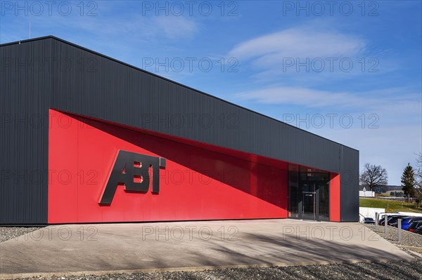 Red facade with logo and lettering, Abt Sportsline GmbH, Kempten, Bavaria, Allgaeu, Germany, Europe