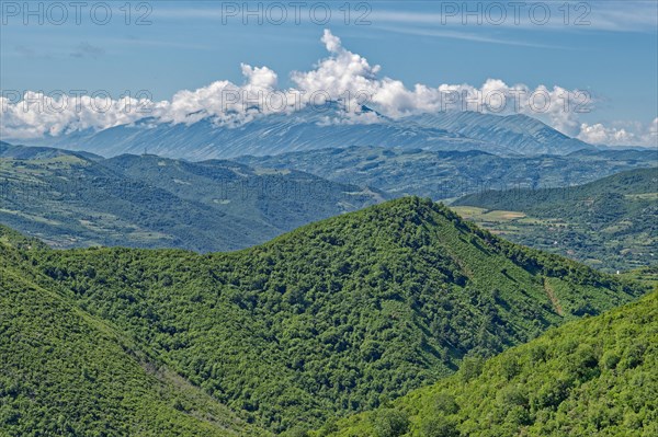 The southern Albanian mountain landscape on the western slope of the Tomorr massif m Tomorr National Park, also known as Tomorri National Park. Berat, Albania, Southeast Europe, Europe