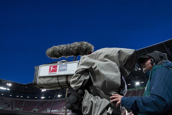 WWK Arena, FC Augsburg FCA, interior, TV camera, logo, Bundesliga, outside microphone, empty opposite stand, blue hour, Augsburg, Bavaria, Germany, Europe