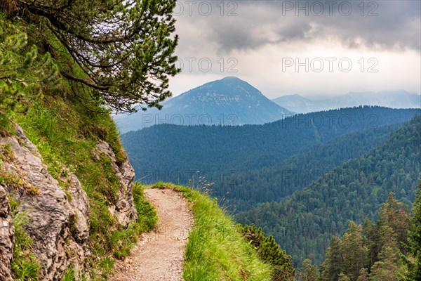 A hiking trail winds through a lush mountain landscape under a cloudy sky, Herzogstand, Bavaria