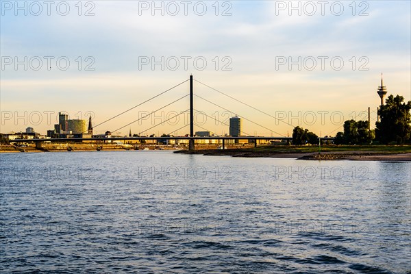 View of a city with a suspension bridge over a river at dusk, Theodor-Heuss-Bruecke, Duesseldorf, North Rhine-Westphalia