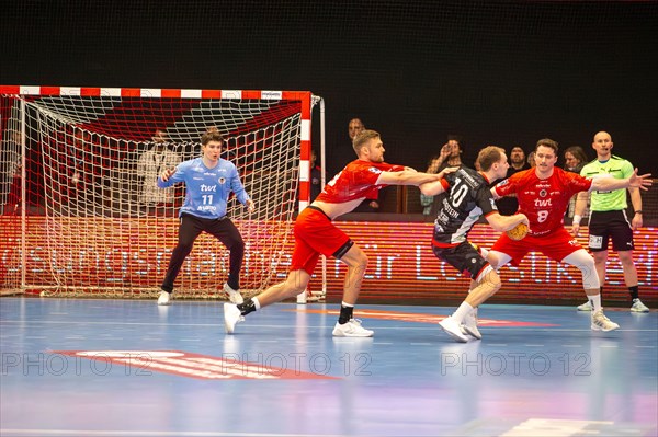 18.02.2024, 2nd HBL, German Handball League, matchday 21) : Game scene Eulen Ludwigshafen against TuS N-Luebbecke (final score 34:32) . Player on the ball: Fynn Hangstein, (TuS N-Luebbecke)