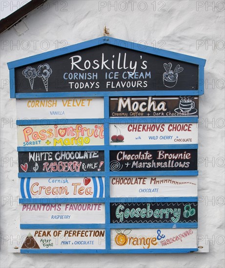 Advertising board for various flavours of Roskilly's ice cream, Cornwall, England, United Kingdom, Europe
