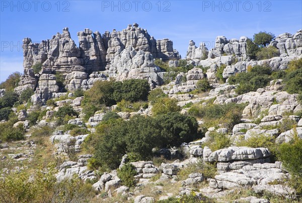 Dramatic limestone scenery of rocks shaped by erosion and weathering at El Torcal de Antequera national park, Andalusia, Spain, Europe