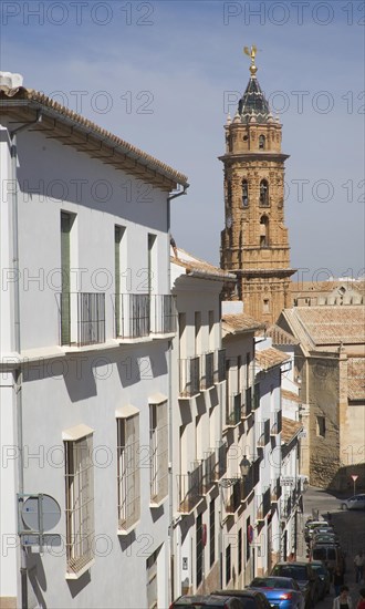 Historic street and buildings church tower San Sebastian, town centre of Antequera, Malaga province, Spain, Europe