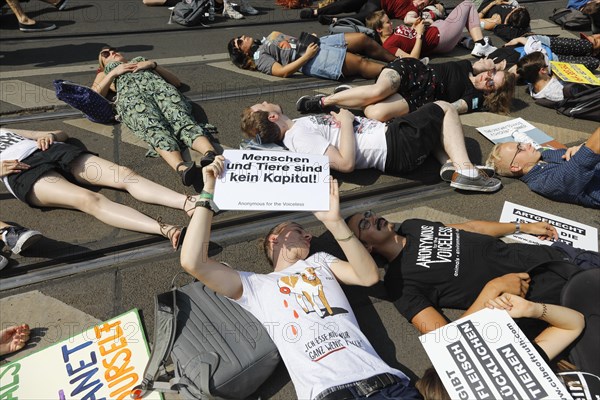 Mass die In, at the Official Animal Rights March demo at Rosenthaler Platz in Berlin. The Animal Rights March is a demonstration of the vegan community for animal protection and animal rights, 25 August 2019