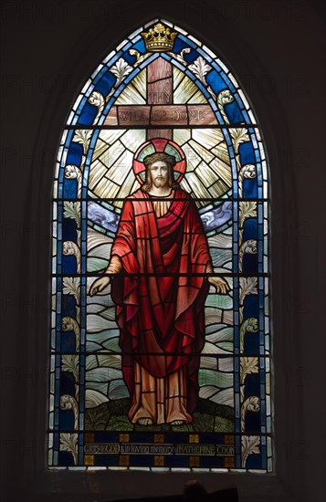 Stained glass window picture of the risen Christ, parish church of Saint Lawrence, Knodishall, Suffolk, England, UK