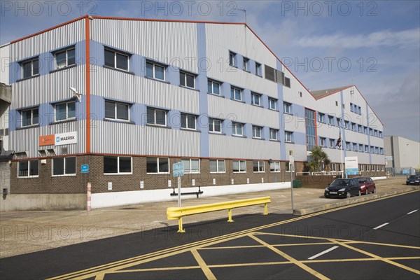 Maersk warehouse and shipping office buildings, Port of Felixstowe, Suffolk, England, United Kingdom, Europe