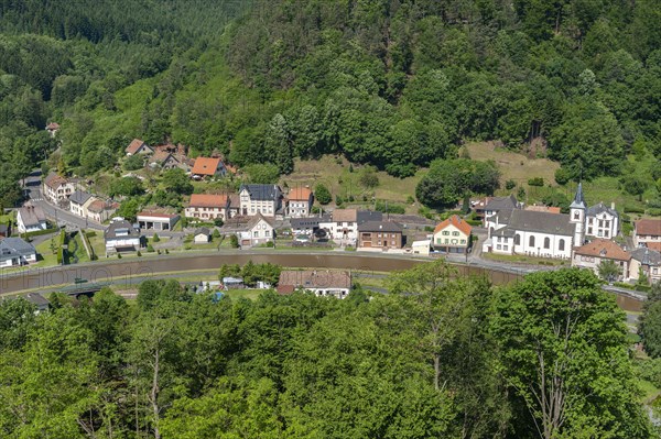 View from the ruins of Luetzelbourg to the village of Lutzelbourg with the Rhine-Marne Canal, Lutzelbourg, Lorraine, France, Alsace, Europe