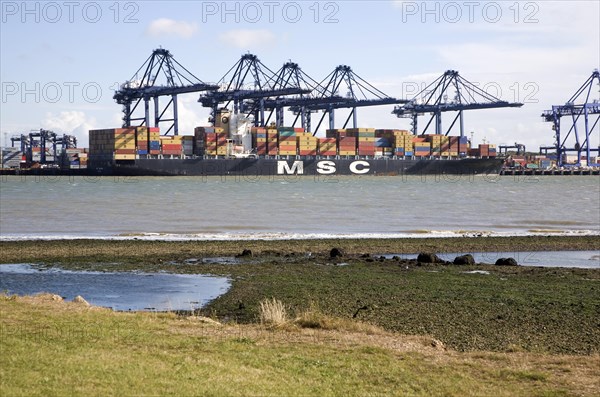 Cranes and container ships at Trimley Docks part of the Port of Felixstowe, Britain's busiest container port, from Shotley, Suffolk, England, United Kingdom, Europe