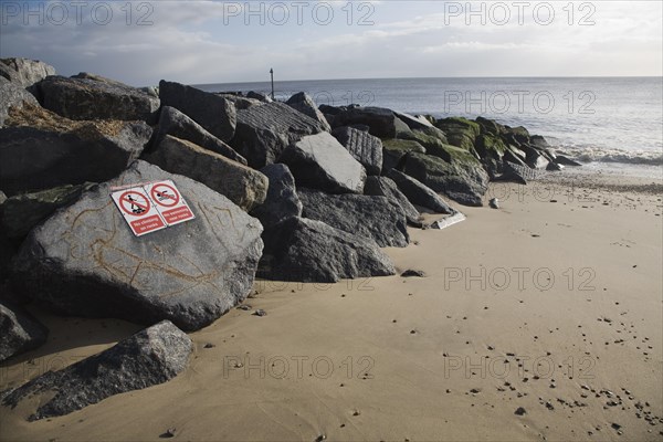 Coastal defences on the North Sea coast in East Anglia at Cobbold's Point, Felixstowe, Suffolk, England, United Kingdom, Europe
