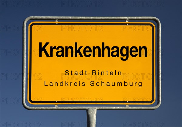 Town sign Krankenhagen, incorporated village of the town of Rinteln, district of Schaumburg, Lower Saxony, Germany, Europe