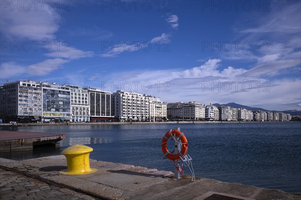 Old harbour, view of waterfront, lifebuoy, bollard, skyline of Thessaloniki, Macedonia, Greece, Europe