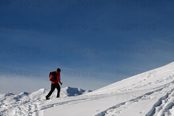 Snowshoe hiking in the Beverin nature park Park, Graubuenden, Switzerland, Europe