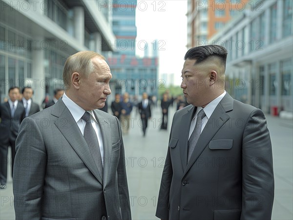 Russian President Vladimir Putin stands with President of Korea Kim Jong Un. AI generated