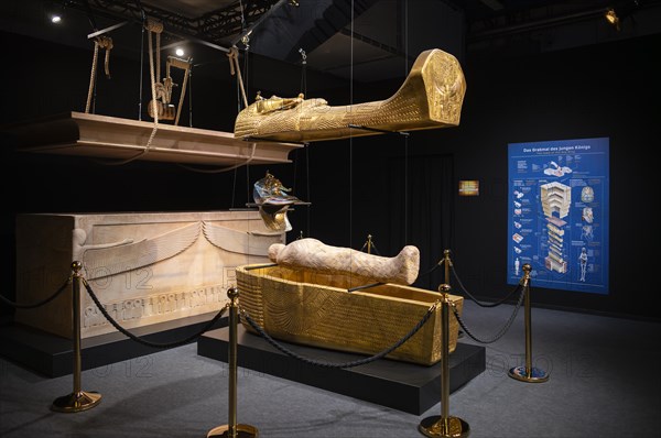 Exhibition about Tutankhamun, immersive, interactive, explosive display of the tomb, sarcophagus, Hanns-Martin-Schleyer-Halle, Stuttgart, Baden-Wuerttemberg, Germany, Europe