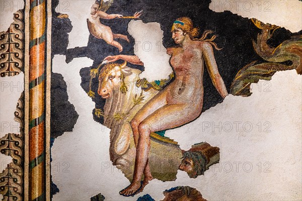 Mosaic depicting a young girl on a sea bull, 1st century, National Archaeological Museum, Villa Cassis Faraone, UNESCO World Heritage Site, important city in the Roman Empire, Friuli, Italy, Aquileia, Friuli, Italy, Europe