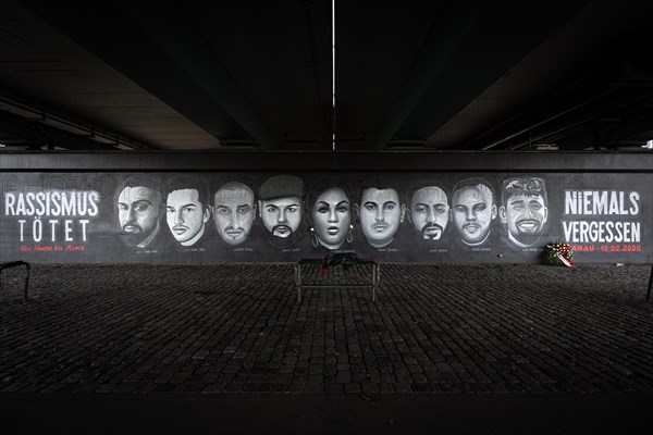 A 27-metre-long memorial graffito under the Friedensbruecke bridge in Frankfurt commemorates the victims of the attack in Hanau on 19 February 2020, Friedensbruecke, Frankfurt am Main, Hesse, Germany, Europe