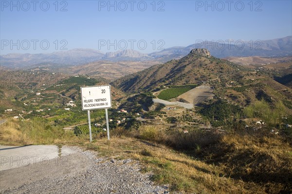 Peligro indefinido road sign Axarquia landscape La Molina village near Comares, Malaga province, Spain, Europe