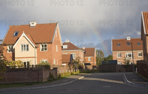Rainbow over Maharishi Garden Village, Rendlesham, Suffolk, England, United Kingdom, Europe